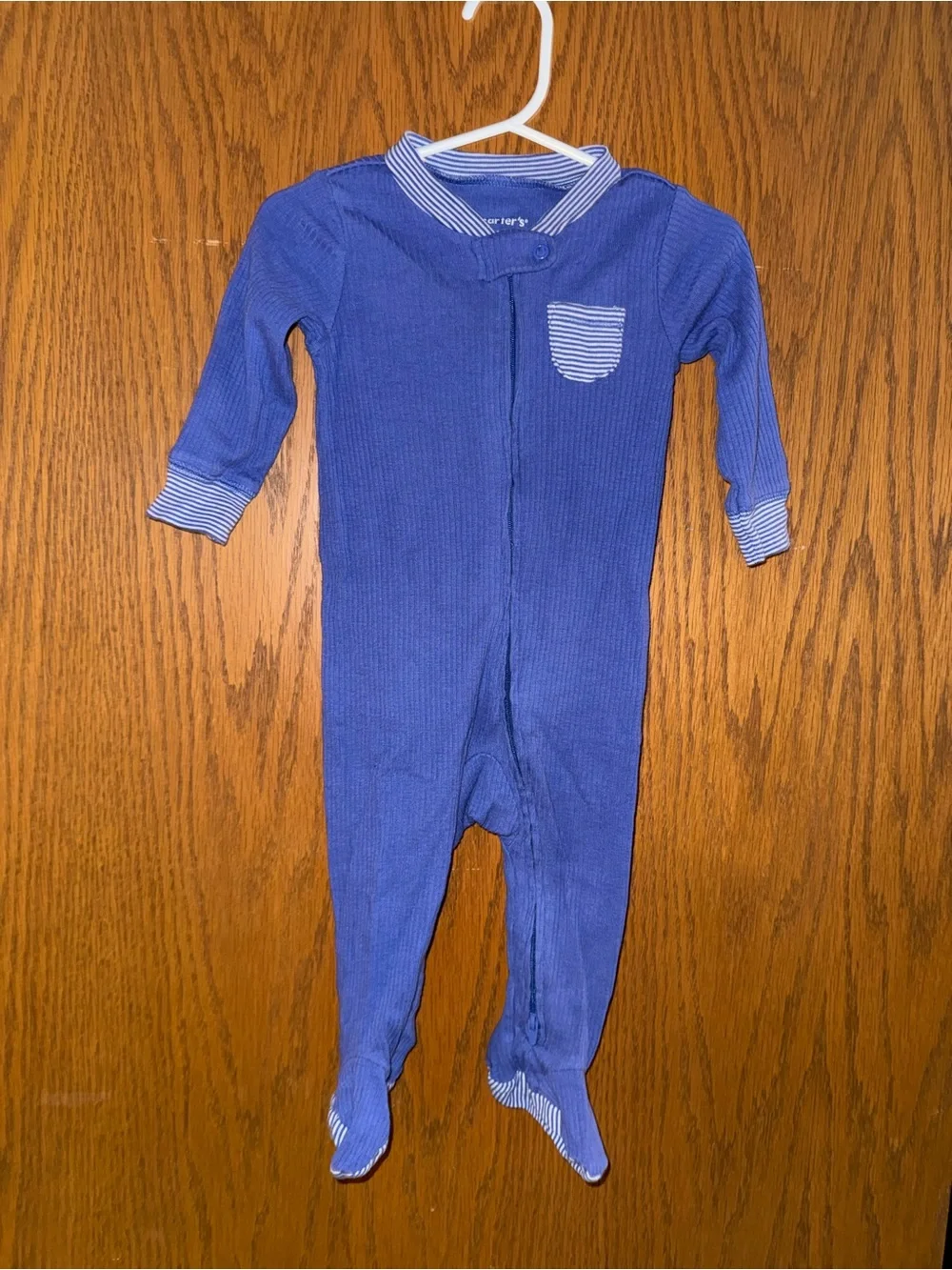 Carter's Solid Blue Footed One-Piece with Striped Trim